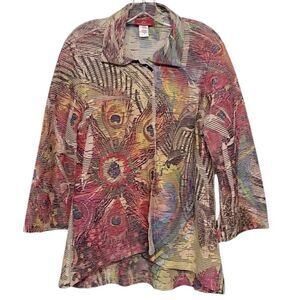 Vintage IC Collection Peacock feathers colorful sheer cardigan lightweight boho